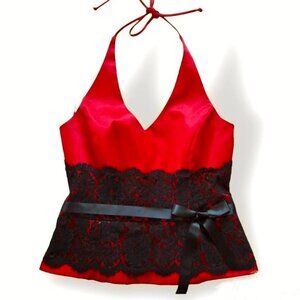 EXCAPE Women’s Top Size 12 Red Satin Black Lace Formal Boned Corset Halt…